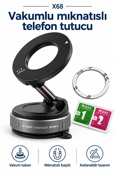 X68 Vakum Tabanlı Mıknatıslı Telefon Tutucu 360° Dönebilen Katlanabilir Araç ve Masa Üstü Standı Metal Halka Dahil