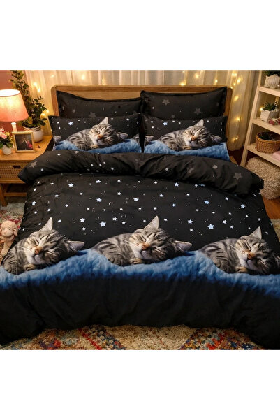 decorami Double bed linen with Stretchy, Finet, 6 pieces, Black, kittens