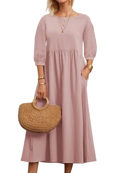 GENERAL Womens Linen Cotton Dresses Solid 3/4 Sleeves Maxi Casual Dress with ...