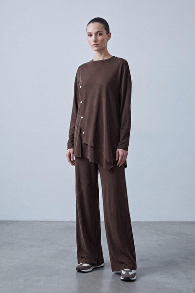 Puane Women's Asymmetrical Cut Buttoned Tunic Trousers Set 14525