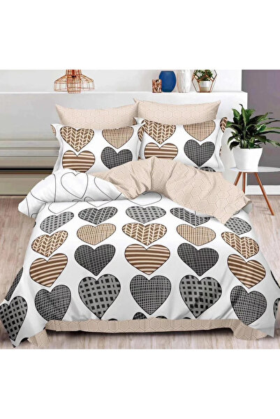 decorami Double bed linen, Finet, 6 pieces, Beige-Grey, hearts