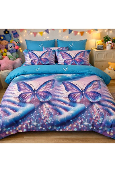 decorami Double bed linen, Finet, 6 pieces, Blue, butterflies