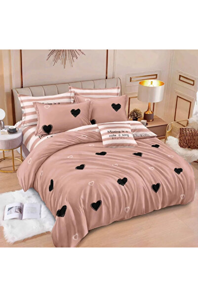 decorami Double bed linen with Stretchy, Finet, 6 pieces, Brown, hearts