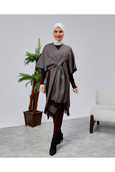 CNR TEKSTİL Women's Anthracite Belted Tasseled Knitwear Poncho Shawl Collar O...