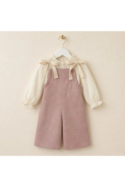 Teeny Weeny Kids Girl's Cotton Shirt and Ribbon Detailed Patterned Salopet Jumpsuit Two-Piece Set