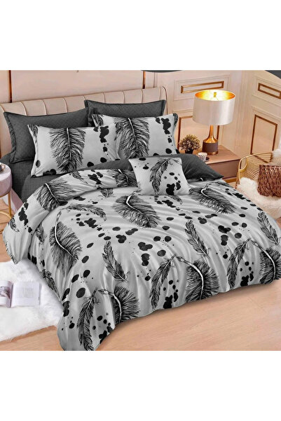 decorami Double bed linen with Stretchy, Finet, 6 pieces, Gray, feathers, flakes