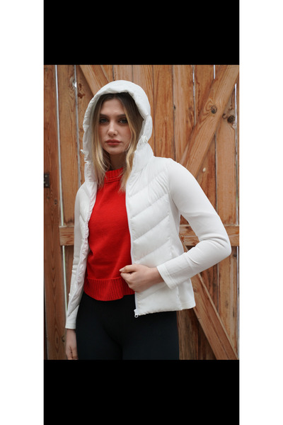 BZNspor Women's White Sleeved Rikral Zipper Hooded Coat