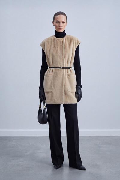 Puane Women's Pocket Detailed Belted Plush Vest 15303