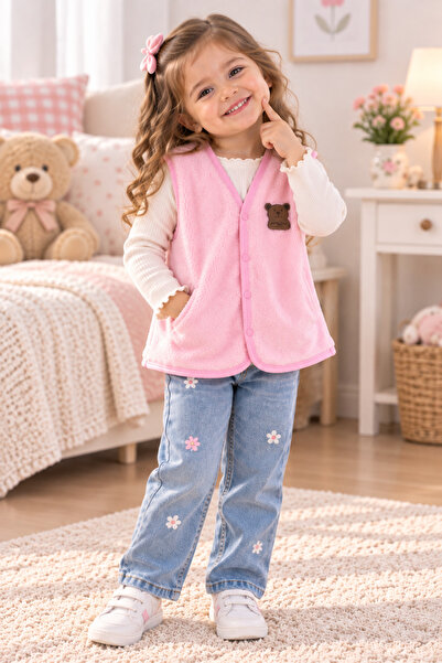 SERPİL Girl's Plush Vest – Pink Knitted Vest with Teddy Bear Detail