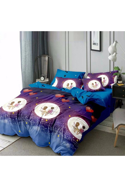 decorami Double bed linen, satin Cotton , classic sheet, 4 pieces, Blue, star...