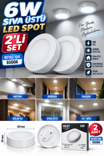 LED PAZARI 2 ADET 6 W SIVA ÜSTÜ KÜÇÜK LED SPOT BEYAZ IŞIK 6500 kelvin yuvarlak