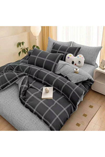 decorami Double bed linen, satin Cotton , classic sheet, 4 pieces, Gray, stri...