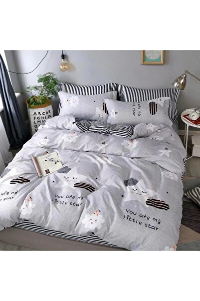 decorami Double bed linen, satin Cotton , classic sheet, 4 pieces, Gray, stars