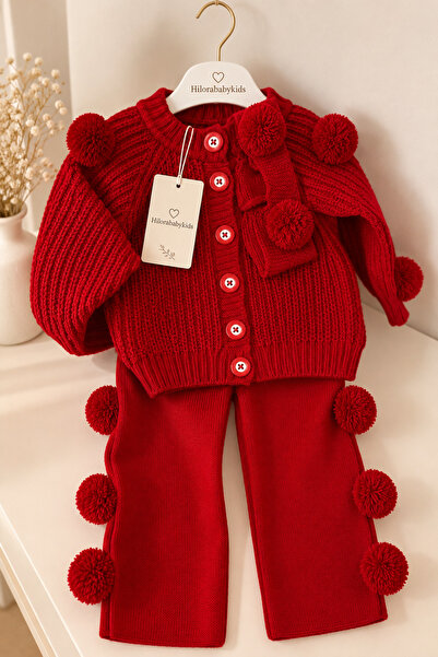 Hilora Baby Kids Hilorababykids Kız Bebek Örgü Takım Bandanalı Ponponlu Kırmızı