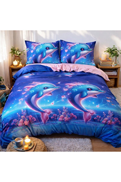 decorami Double bed linen, satin Cotton , classic sheet, 4 pieces, Blue, dolp...