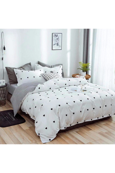 decorami Double bed linen, satin Cotton , classic sheet, 4 pieces, White, hearts