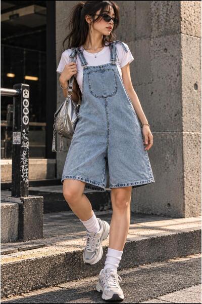 eyonnwear Women's Oversize Denim Salopet Shorts Gardener Overalls
