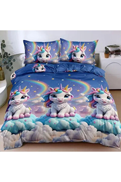 decorami Double bed linen, satin Cotton , classic sheet, 4 pieces, Blue, unic...