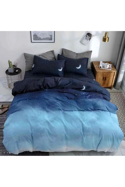 decorami Double bed linen, satin Cotton , classic sheet, 4 pieces, Blue, stars