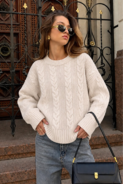 RB CLUB Women's Ecru Braided Crew Neck Oversize Knitwear Sweater Rb2009