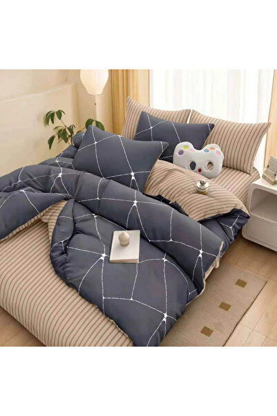 decorami Double bed linen, satin Cotton , classic sheet, 4 pieces, Gray, stripes