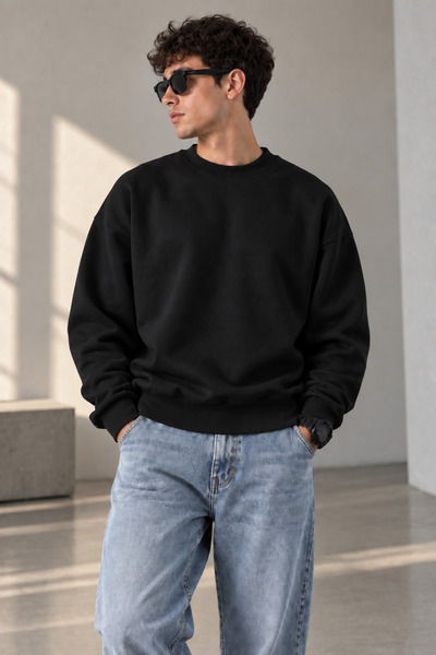 Erkek Oversize Bisiklet Yaka 3 İplik Şardonlu Basic Sweatshirt