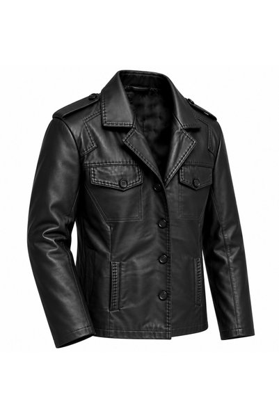 DESAR Men's Black Genuine Leather Jacket – Classic Collar, Apollet Detail, Button-Up Pocket Detail