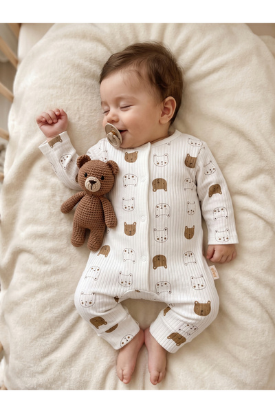 Zıbzıb baby %100 Pamuk Ribanalı Sevimli Ayıcık Desenli Uzun Kollu Çıtçıtlı Un...