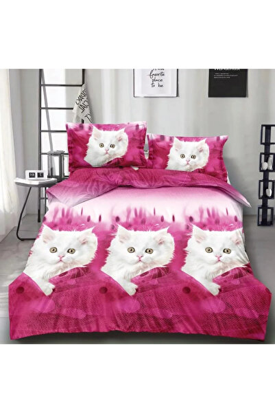 decorami Double bed linen, classic sheet, 3D print, Pink, cats