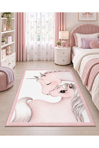 Pembe Unicorn Anne ve Yavru Desenli Çocuk Odası Halısı