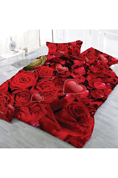 decorami Double bed linen, classic sheet, 3D print, Red, roses, hearts