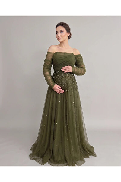 NAQWA FASHION فستان حوامل سهرة باللون الزيتي