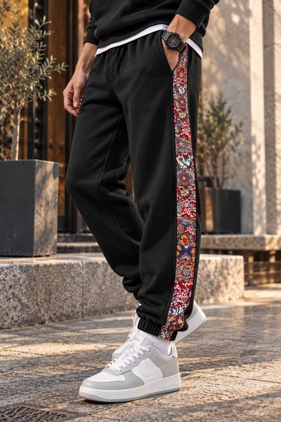 YUFEN Erkek Etnik Desen Şeritli Jogger Eşofman Altı 3 İplik Şardonlu Rahat Kalıp