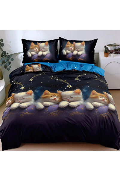 decorami Double bed linen, satin Cotton , classic sheet, 4 pieces, Blue, Blac...