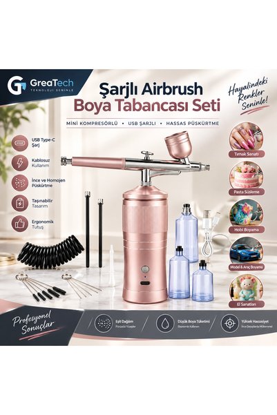 GreaTech Şarjlı Airbrush Boya Tabancası Seti Kompresörlü Tırnak Sanatı, Hobi ...