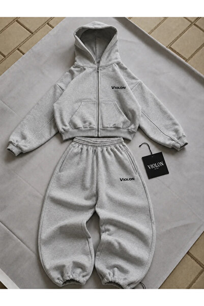 Violon Premium Detailed Baggy Unisex Tracksuit Set Gray