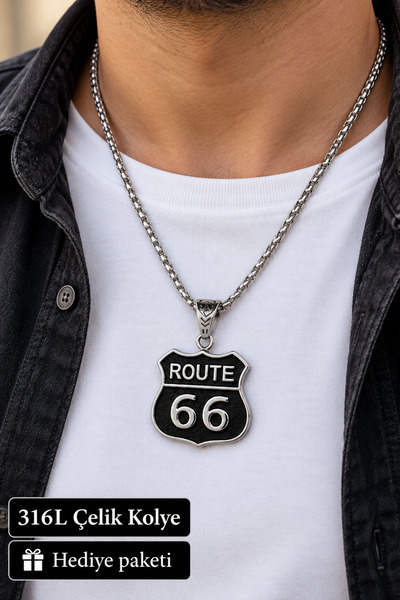 HER ŞEY NOTA www.herseynota.com قلادة رجالية بشعار Route 66 من الفولاذ 316L ب...