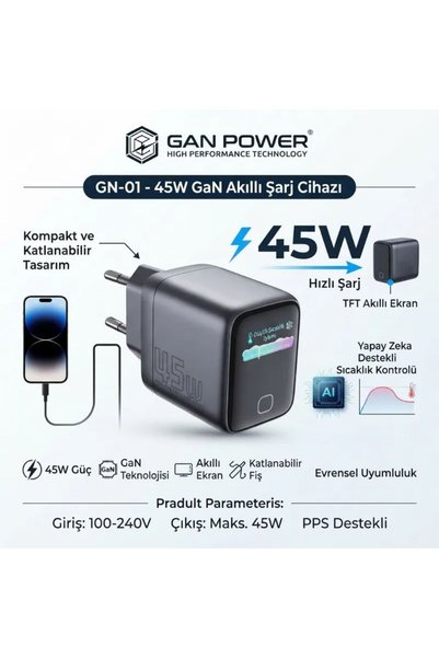 idragon Gan Power GN-01 45W GaN Hızlı Şarj Cihazı + 60W Hızlı Şarj Kablosu He...