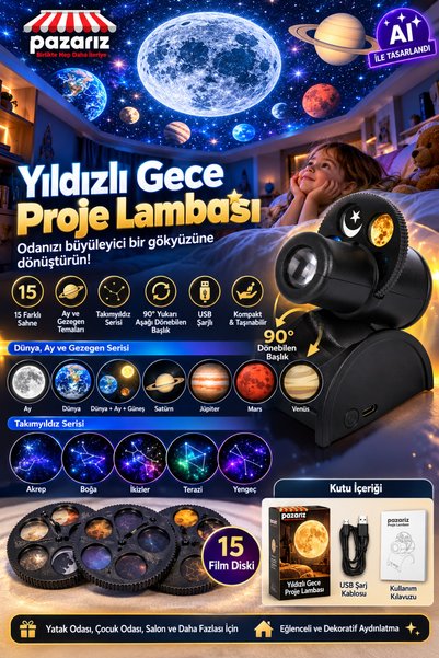 pazariz Yıldızlı Gece Proje Lambası 15 Sahne HD LED Yıldız Projektör USB Şarjlı Ay Gezegen Dünya Takımyıldız Projeksiyon Gece Lambası Dekoratif Masa Lambası 15 Film Diskli Salon Yatak Odası Aydınlatma