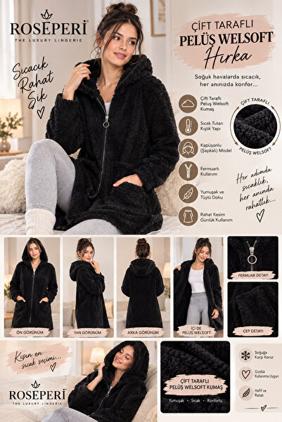 ROSEPERİ Large Size Warm Plush Sweat Welsoft Zippered Hooded Knitted Plush Fl...