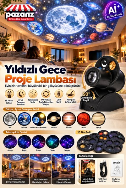 pazariz Yıldızlı Gece Proje Lambası 15 Sahne HD LED Yıldız Projektör USB Şarj...