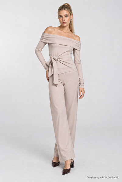 Lovelyİstanbul Open Shoulder Tie-Up Modal Suit Lby0105 Stone