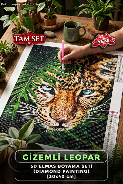 Ferinja Gizemli Leopar - 5D Elmas Boyama Seti Hobi Kiti - Diamond Painting - Mozaik Goblen Boncuk Taşlı Puzzle Pano Tablo 30x40 cm