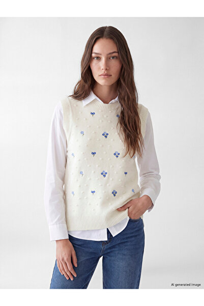 LC Waikiki Nevavm Lcw Modest Ecru Knitwear Embroidered Women's Sweater with a...