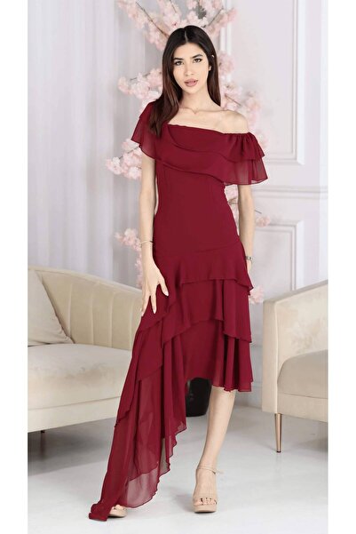 ELORA FASHION فستان سهرة عنابي بكشكش متدرج وحافة غير متساوية