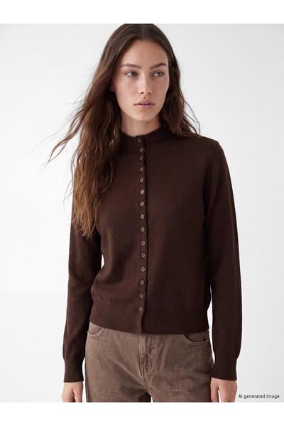 LC Waikiki Lcw Modest Brown Knitwear Plain Women's Cardigan with Nevavm Diffe...