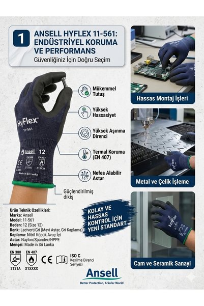 Ansel Hyflex 11-561 Kesilme Dirençli İş Eldiveni (1 ÇİFT) NO:12