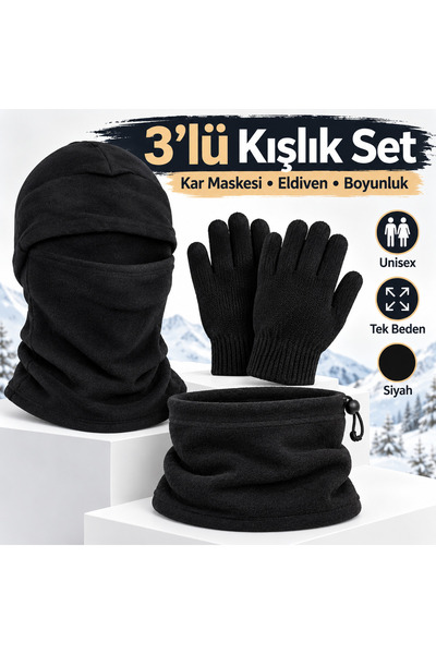 Genel Markalar Unisex Kışlık 3’lü Set Polar Bere, Eldiven ve Kar Maskesi Bala...