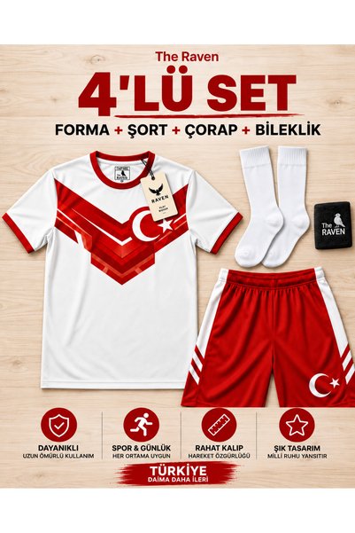 The RAVEN PREMİUM TÜRKİYE SERİSİ KIRMIZI ÇOCUK FUTBOL FORMASI 4 PARÇA FORMA +...