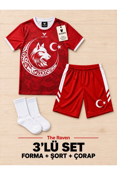 The RAVEN PREMİUM TÜRKİYE SERİSİ BOZKURT KIRMIZI ÇOCUK FUTBOL FORMASI 3 PARÇA...
